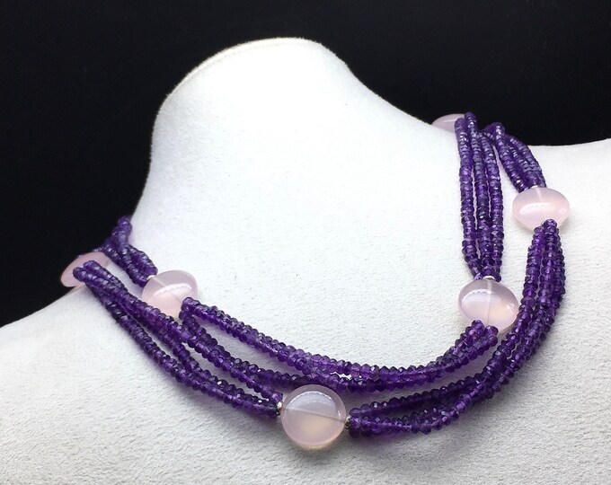 Designer necklace/Natural Amethyst faceted rondelle/Natural Rose quartz smooth disc/Length 36.50 inches/925 Sterling silver handmade clasp