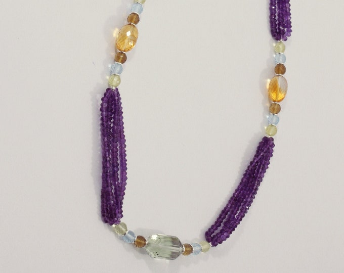 32 Inches Long Necklace Made With Natural Gemstones AMETHYST Faceted Roundel Prasolite, Blue Topaz, Citrine & Beer Quartz Beads 925 Silver