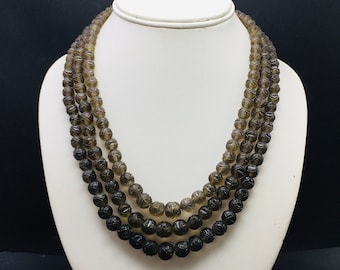 Natural SMOKY QUARTZ/Hand carved/Round shape/Size 7MM till 11MM/Beautiful smoke color beads/Gemstone necklace/Unique neckklace/Rare necklace