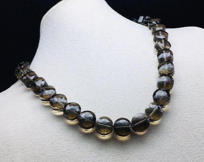Natural SMOKY QUARTZ/Fancy Round Double Side faceted/Calibrated 13MM/449.00 carats/18" length/1 strand/With 925 Sterling Silver Hook