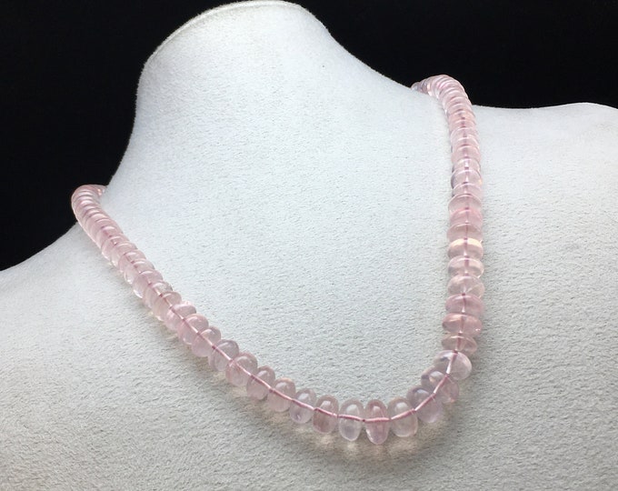 Natural ROSE QUARTZ/Smooth rondelle/Size 8MM till 10MM/18" length/Beautiful rose pink color necklace/925 sterling silver lobster clasp/Pink