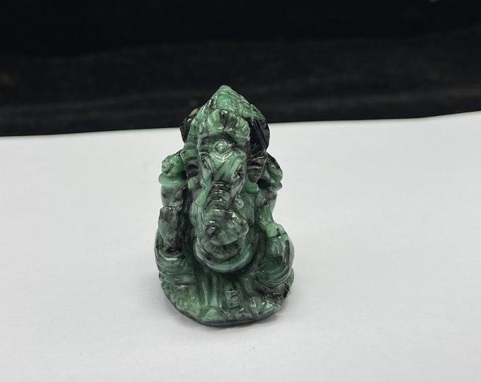 Natural EMERALD/Hand carved/Lord GANESHA/W 32MM/H 50MM/D 25MM/242.75 Ct/For Home Decor/For Home Temple/Rare carving/For Office temple
