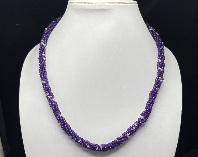 Designer Necklace/Natural AMETHYST faceted rondelle/Natural ROCK CRYSTAL smooth rondelle/Length 35.50 inches/925 Sterling silver clasp