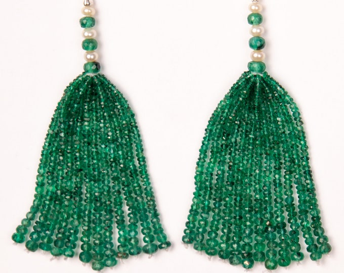 24 Strands 69.00 Carats Earth Mined EMERALD Faceted Roundel Shape Beaded Tassels for Earring, For Jewelry Makers, For Designers Use,