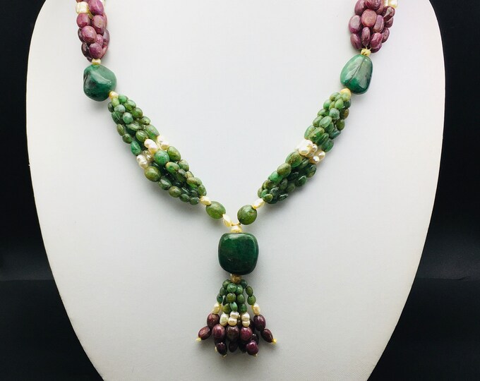 Natural EMERALD/Natural RUBY/Genuine Chinese PEARL/Smooth oval shape/Fancy necklace/Unique necklace/Stunning necklace/Gemstone necklace