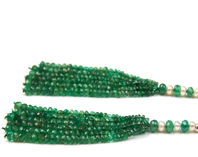 12 Strands 54.15 Carats Earth Mined EMERALD Faceted Roundel Shape Beaded Tassels for Earring, For Jewelry Makers, For Designers Use,
