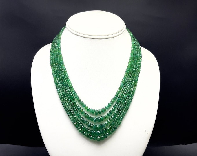 Natural EMERALD/Faceted rondelle/ZAMBIAN/Size 3.50MM till 7.00MM/Length 14" inner 16" outer/Strands 4/Emerald necklace/Top quality