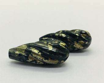 Unique Natural Gemstone APACHE GOLD From Mexico Carved Long Drop Shaped Top Drilled Bead Pair. Loose Beads, For Designers Use,