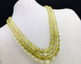 Natural LEMON QUARTZ/Faceted/Round shape/426.50 Carats/17"/193.00 Dollars/lemon color beads/adjustable silk cord/Ready to wear necklace.