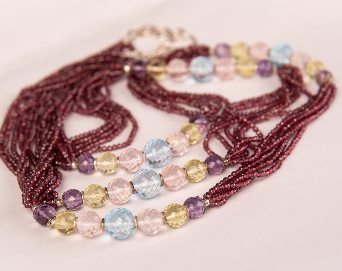 40 Inches Long Necklace Made With Natural Gemstones RED GARNET, Amethyst, Lemon Quartz, Rose Quartz & Blue Topaz Faceted Beads