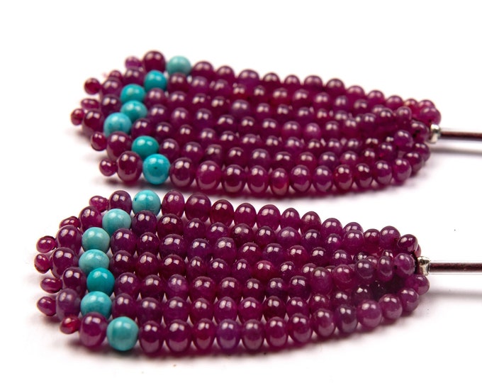 14 strands 148.00 Carats Natural RUBY and TURQUOISE Smooth Roundel Shape Beaded Tassels for Earring, for women wear, for jewelry makers
