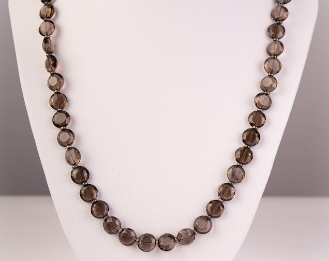28 Inches Long Necklace Made With Semi Precious Gemstones SMOKY QUARTZ Faceted Round 10mm Calibrated Coin Shape Beads With 925 Silver