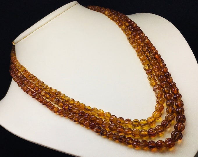 Natural CITRINE/Hand carved/Round melon shape/Approx. 5MM till 9.50MM/Beautiful deep golden color beads/Gemstone necklace/Very rare necklace