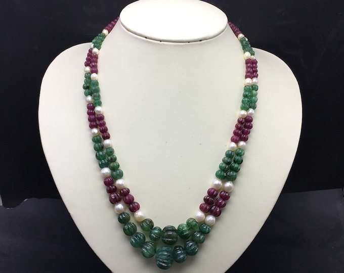 Natural MULTI PRECIOUS stone necklace/Ruby, Emerald & Chinese Pearl/Hand carved/Rondelle shape/Size 5MM till 17MM/Gemstone necklace/Rare