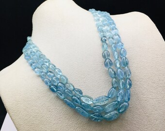 Natural AQUAMARINE/Smooth/Tumble/812.00 Cts/23"/5537.00 Dollar/Beautiful deep blue color bead/Adjustable silk cord closure/Gemstone necklace