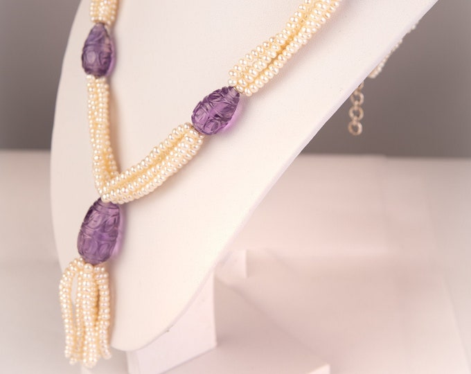 25.50 Inches Long Necklace Made With Gemstones Chinese Water PEARL Smooth Roundel Shape AMETHYST Hand Carved Drop Shape Beads 925 Silver