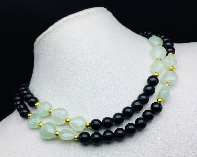 Designer necklace/Natural Black onyx smooth round/Natural Green Aventurine smooth heart/Length 28 inches/Brass clasp balls/Gemstone necklace