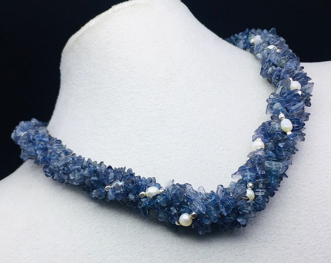 Twisted necklace/Natural IOLITE uncut/Chinese PEARL round/Beautiful blue & white color/925 sterling silver lobster clasp and beads/Unique