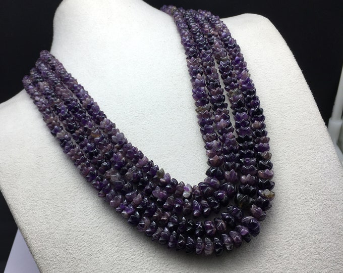 Natural AMETHYST/Flower shape/Approx. 6.50MM till 10MM/Hand carved beads/Deep purple color beads/Unique carved beaded necklace/Gemstone