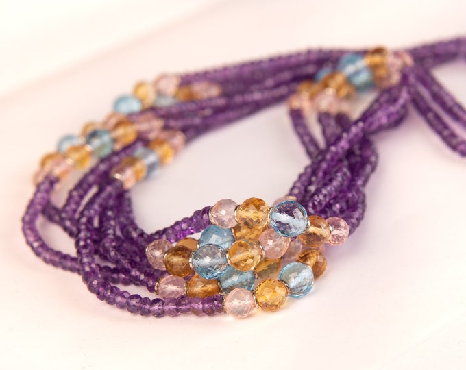 32 Inches Long Necklace Made With Natural Gemstones AMETHYST Roundel Rose Quartz, Citrine Quartz & Blue Topaz Faceted Round Shape Beads