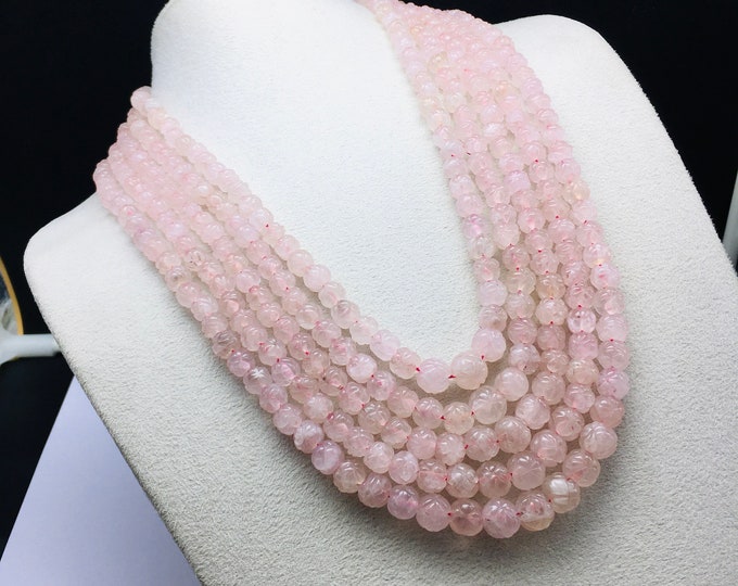 Natural ROSE QUARTZ/Hand carved round/Approx 6MM till 10MM/Beautiful pink color necklace/Gemstone necklace/Natural quartz necklace/Rare
