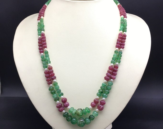 Very Old/Multi precious gemstone necklace/Natural EMERALD/Natural RUBY/Genuine PEARL/Approx 4MM till 12.50MM/311.50 carats Maharani necklace