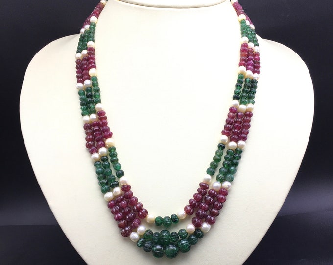 Very Old/Multi precious gemstone necklace/Natural EMERALD/Natural RUBY/Genuine PEARL/Approx 5MM till 10MM/Three colors Maharani necklace/