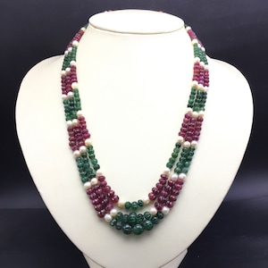 Very Old/Multi precious gemstone necklace/Natural EMERALD/Natural RUBY/Genuine PEARL/Approx 5MM till 10MM/Three colors Maharani necklace/