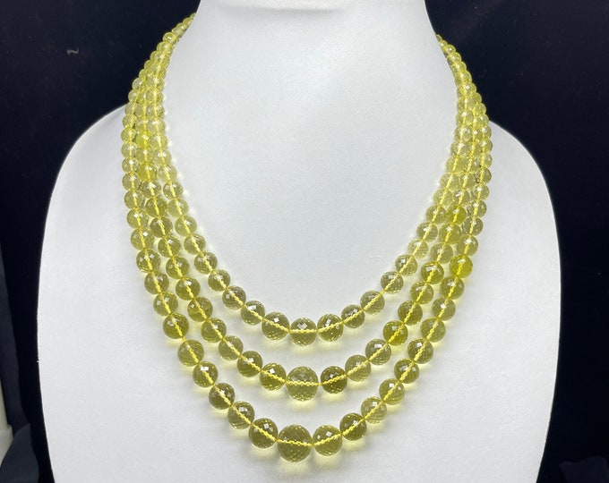 Natural LEMON QUARTZ/Faceted/Round/3 Strands/600 Carats/18 Inch/Gemstone necklace/Beaded necklace/Big drill/Women wear/Perfect round/Rare