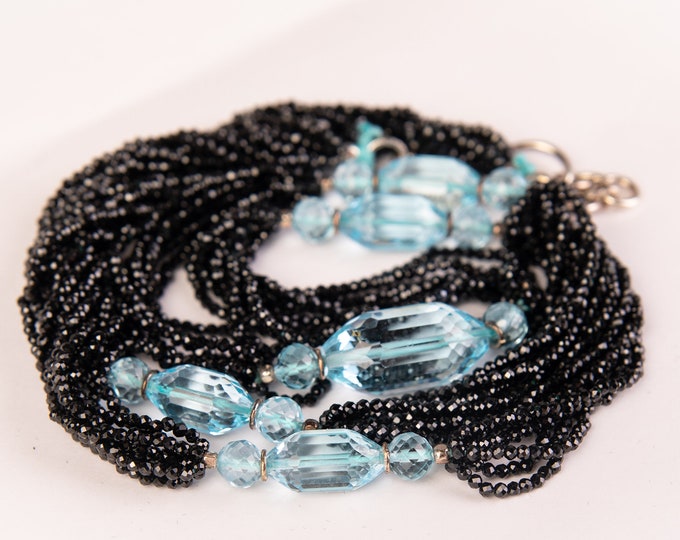 27 Inches Long Necklace Made With Genuine Gemstones Black STONE Faceted Roundel BLUE TOPAZ Faceted Ball And Barrel Shape Beads 925 Sterling