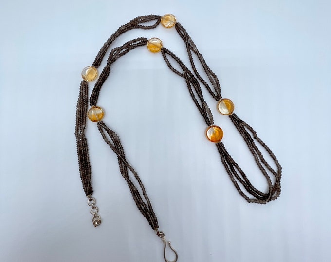 35 Inches long/Designer necklace/Natural SMOKEY/Natural CITRINE/For women wear/Gemstone necklace/925 Sterling Silver/Unique