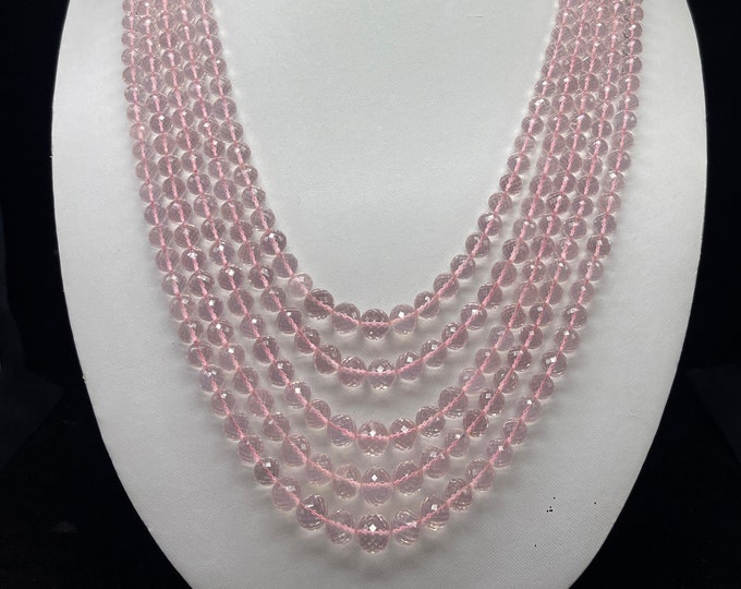 Natural Rose Quartz/Micro faceted/Approx. 4.50MM till 9.50MM/Beautiful pink necklace/With silk cord closure/Gemstone necklace