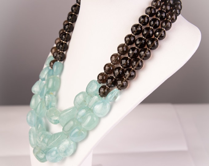 17 Inches Long Necklace Made With Genuine Gemstones SMOKY QUARTZ Faceted Round AQUAMARINE Smooth Tumbled Shape Bead With 925 Sterling Silver