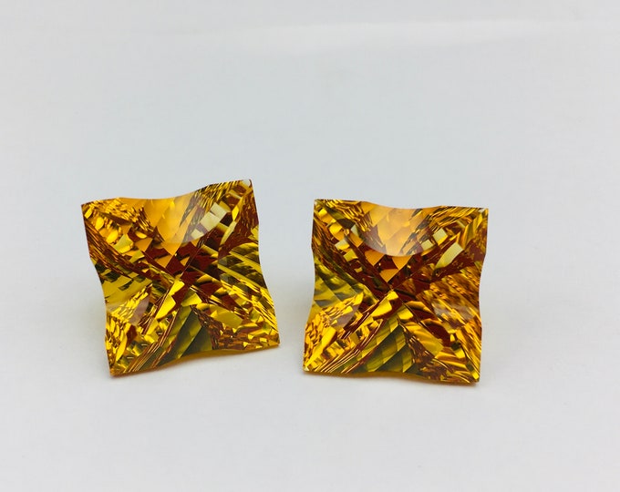 Genuine CITRINE/Concave cut/Square shape/Width 15MM/Length 15MM/Height 11.50MM/Weigth 30.70 carat/Beautiful fancy cut/Pair for earring/Rare