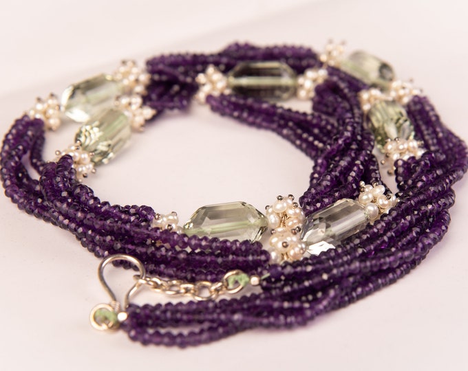 41 Inches Long Necklace Made With Natural Gemstones AMETHYST Faceted Roundel PRASIOLITE Faceted Barrel Chinese Fresh Water PEARL 925 Silver