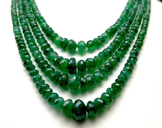 Natural EMERALD/Faceted rondelle/ZAMBIAN/Size 3.50MM till 9.00MM/Length 16" inner 19" outer/Strands 4/Emerald necklace/Top quality