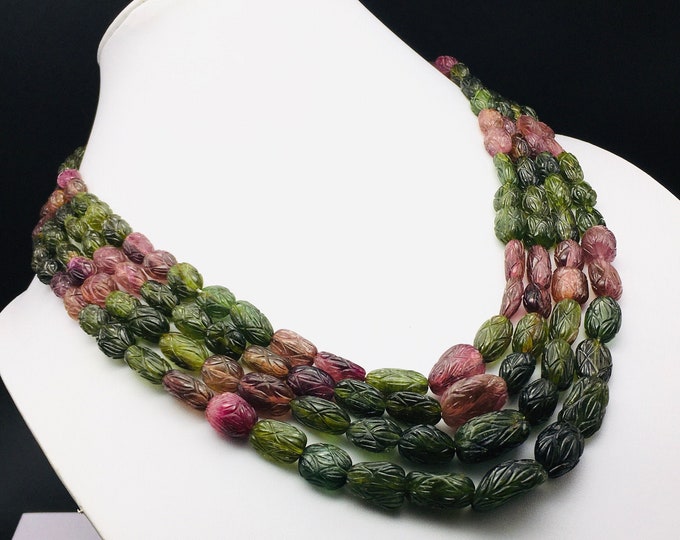 Natural MULTI TOURMALINE/Hand carved/Long oval nugget shape/Beautiful multi natural colors of Tourmaline/Gemstone necklace/Natural gemstone