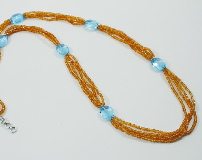 31 Inches Long Necklace Made With Natural Gemstones SPESSARTITE Faceted Roundel BLUE TOPAZ Faceted Oval Coin Shape Beads With 925 Silver