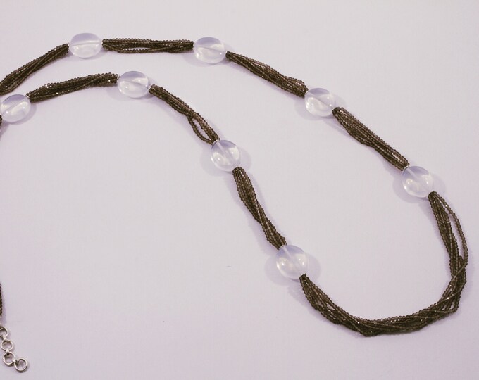 36.50 Inches Long Necklace Made With Natural Gemstones SMOKY QUARTZ Faceted Roundel MOON Quartz Smooth Oval Shape Beads With 925 Silver