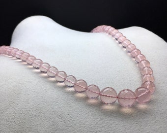 Natural ROSE QUARTZ/Faceted/Round ball/7MM till 12MM/23"/308.55 Carats/295.00 Dollars/Beautiful deep pink/925 sterling silver handmade hook