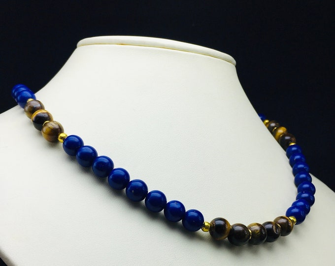 Mix natural gemstone necklace/LAPIS and TIGER EYE smooth round beads/Brass balls and hook with gold polish/