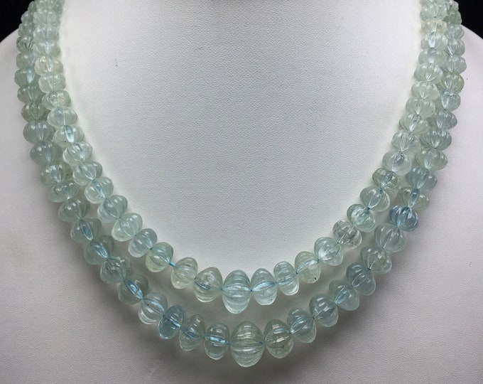 Natural AQUAMARINE/Hand carved/Rondelle shape/Size 7MM till 12MM/Beautiful aqua color beaded necklace/Gemstone necklace/Aquamarine necklace