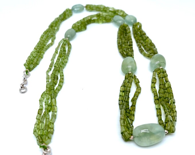 34 Inches long/Designer necklace/Natural PERIDOT/Natural PRENITE /For women wear/Gemstone necklace/925 Sterling Silver/Unique