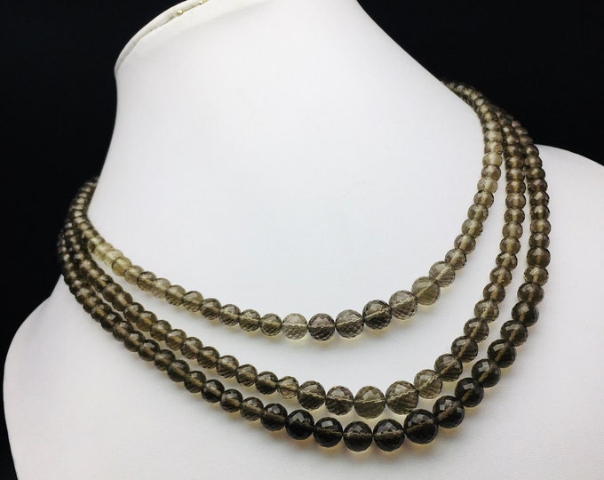 Natural SMOKY QUARTZ/Faceted/Round shape/6MM to 9MM/362.00 Carats/18 Inches/195.00 Dollars/for women/Beautiful Smoke color necklace
