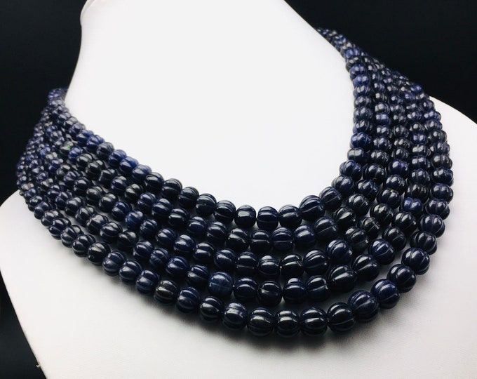 Natural BLUE AVENTURINE/Hand Carved/Melon Round/6MM till 10MM/1090.00 Carats/19"/409.00 Dollars/Deep blue color beads/Gemstone necklace