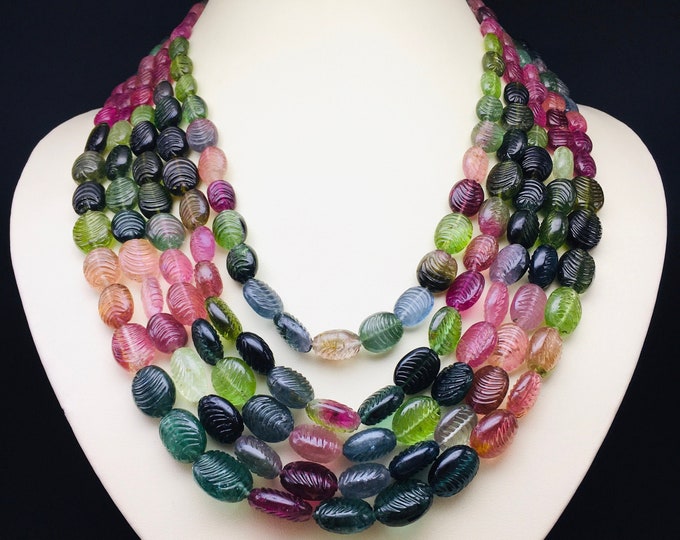 Natural MULTI TOURMALINE/Hand carved/Oval shape beads/Approx. 8x10MM till 13x18MM/Beautiful multi colors of real gemstone/Very rare necklace