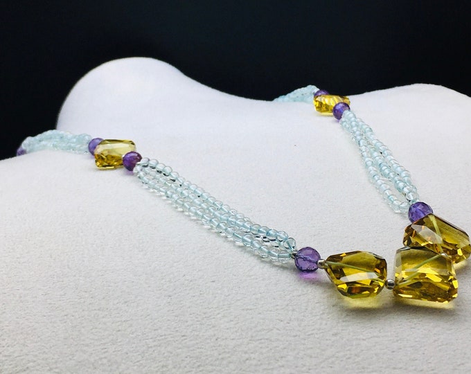 Designer Necklace/Aquamarine smooth round/Amethyst faceted round/Beer quartz faceted tumble/925 sterling silver handmade clasp/Necklace