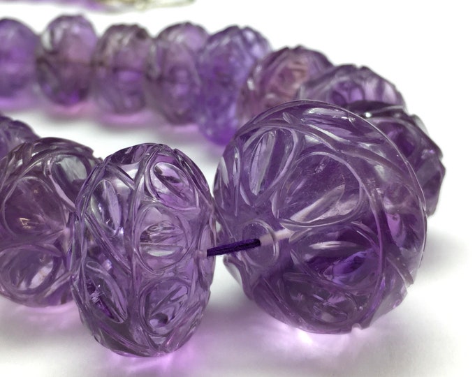 Natural AMETHYST/Hand carved/Rondelle shape/Size 10MM till 26MM/19.50" length/Beautiful carving on each bead/925 Sterling Silver hook