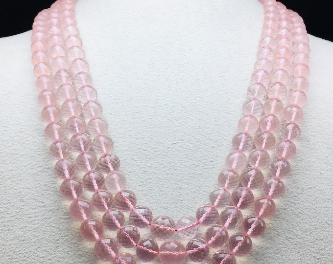 NATURAL ROSE QUARTZ/Faceted/Round/6MM to 12.50MM/612.50 Carats/19 Inches/412.00 Dollars/Top quality beads/Pink color gemstone necklace
