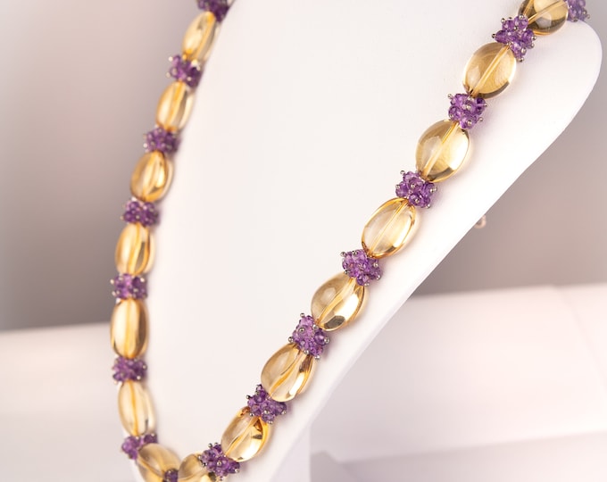 27 Inches Long Necklace Made With Natural Gemstones HONEY QUARTZ Smooth Nugget AMETHYST Faceted Rounded Shape Beads With 925 Silver